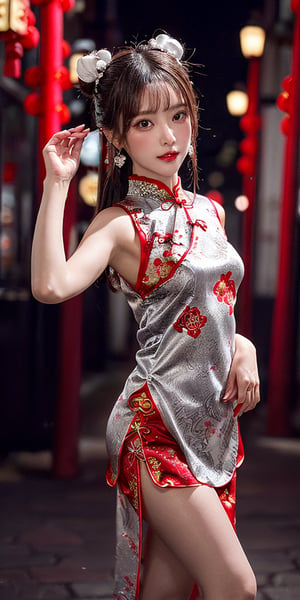 masutepiece, Best Quality, Ultra-detailed, finely detail, hight resolution, 8K Wallpaper, Perfect dynamic composition, Natural Color Lip,(Wearing a red cheongsam,:1.3),(silver double buns hair:1.3),drawn action: (The girl has to be standing in a sexy pose :1.3),20 years,cowboy_shot,In the darkness,red light