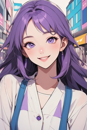 make a city pop art style illustration of a beautiful woman with long, straight hair, beatiful eyes, purple hair, smiling at the camera