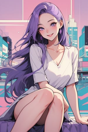 make a city pop art style illustration of a beautiful woman with long, straight hair, beatiful eyes, purple hair, long legs, smiling at the camera