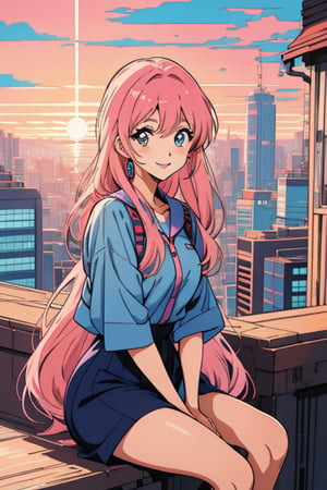 make a city pop art style illustration of a atractive and beautiful WOMAN , 30 yeras aprox, with long, straight hair, beatiful eyes (perfect eyes), pink  hair, long legs, smiling at the camera, saying hi, sunrise citypop background with citypop colours, no girl
