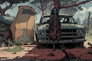 Comic illustration of post apocalyptic camp, tent, abandoned car, trees, vegetation, cinematic lighting, trending on artstation, 8k, ambient oclusion, sketch, art by james daly