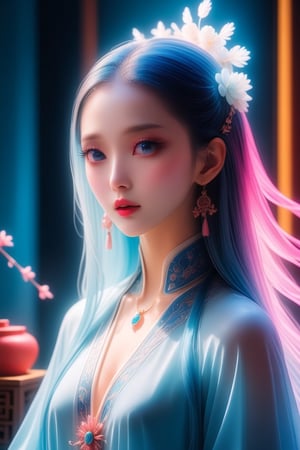 Blue and white porcelain Chinese women porcelain, ceramics, blue and white pure color, melancholy style, face pink light makeup, highlights, reflections, animation characters, Xixian, ancient style, light blue long hair fluttering, beauty, eyes bright, elegant, flowing dress, smoke, jewelry, high quality, the background is a bright exhibition hall,shards,Strong Backlit Particles,<lora:659095807385103906:1.0>