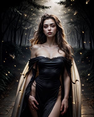 A beautiful painting depicting a tall warrior girl, her image is gorgeous, long dark hair, flowing in the wind, a slender figure, body curves fascinate the eye, a light cloak covers her shoulders, a confident, slightly flirtatious look is directed into the distance, maximum detail of objects, drawing all the details of the picture,photorealistic,firefliesfireflies