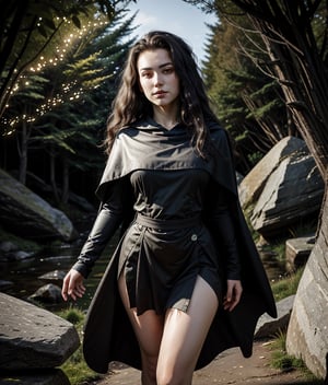 A beautiful image depicting a full-length tall girl in light armor in a hiking camp, standing on stones, dressed in Byzantine attire, her image is gorgeous, long dark hair fluttering in the wind, her figure is slender, the curves of her body fascinate the eye, a light cloak covers her shoulders, a confident, slightly flirtatious gaze is directed into the distance, maximum detail of objects, drawing all the details of the picture, full height, whole body,firefliesfireflies