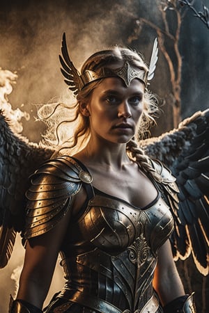Award-winning work, Romanticism style, Scandinavian mythology, beautiful Valkyrie, light through wings, face to the lens, contrast of light and darkness, dramatic lighting, photographs in dark tones, film tone, atmosphere of horror, high resolution, 8k, shooting with Sony cinema equipment, darkness, fog