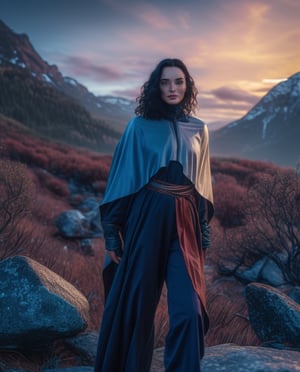 A beautiful image depicting a full-length tall girl in light armor in a hiking camp, standing on stones, dressed in Byzantine attire, her image is gorgeous, long dark hair fluttering in the wind, her figure is slender, the curves of her body fascinate the eye, a light cloak covers her shoulders, a confident, slightly flirtatious gaze is directed into the distance, maximum detail of objects, drawing all the details of the picture, full height, whole body