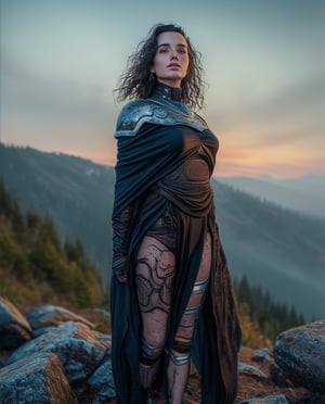 A beautiful image depicting a full-length tall girl in light armor in a hiking camp, standing on stones, dressed in Byzantine attire, her image is gorgeous, long dark hair fluttering in the wind, her figure is slender, the curves of her body fascinate the eye, a light cloak covers her shoulders, a confident, slightly flirtatious gaze is directed into the distance, maximum detail of objects, drawing all the details of the picture, full height, whole body