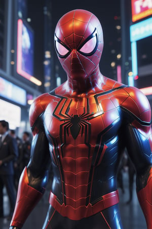 A futuristic Spider-Man suit with a space bandit theme, robbing a space bank. The suit is made of a sleek, black material, and it has a spider symbol on the chest. Spider-Man is holding a laser pistol, and he is surrounded by security guards. The background is a futuristic city, with skyscrapers and neon lights. The special effects include glowing energy lines around the suit, and a holographic disguise that allows Spider-Man to blend in with the crowd. Rendered in stunning photorealism, with incredible detail and质感.