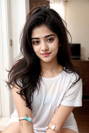 lovely cute young attractive indian teenage girl in a white t shirt  smile, 23 years old, cute, an Instagram model, long black_hair, colorful hair, winter, sitting in a decorative room,Indian, 