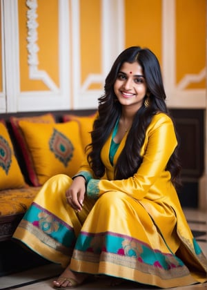 lovely cute young attractive indian teenage girl in a yellow banarasi suite,  smile, 23 years old, cute, an Instagram model, long black_hair, colorful hair, winter, sitting in a decorative room,Indian, 