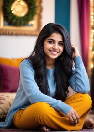 lovely cute young attractive indian teenage girl  smile, 23 years old, cute, an Instagram model, long black_hair, colorful hair, winter, sitting in a decorative room,Indian, 