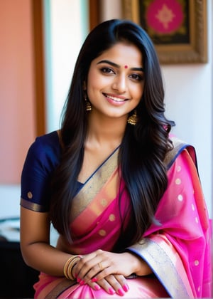 lovely cute young attractive indian teenage girl in a pink banarasi saree,  smile, 23 years old, cute, an Instagram model, long black_hair, colorful hair, winter, sitting in a decorative room,Indian, 