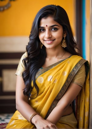 lovely cute young attractive indian teenage girl in a yellow banarasi saree,  smile, 23 years old, cute, an Instagram model, long black_hair, colorful hair, winter, sitting in a decorative room,Indian, 