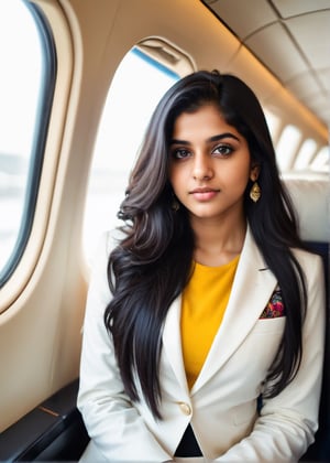 lovely cute young attractive indian teenage girl, 23 years old, cute, an Instagram model, long black_hair, colorful hair, winter, at a flight, Indian, white suite in a mumbai