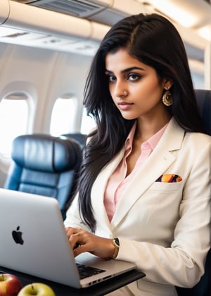 cute young attractive indian girl, 22 years old, cute, an Instagram model, long black_hair, colorful hair, at a flight, Indian, white suite in a mumbai, with apple laptop.