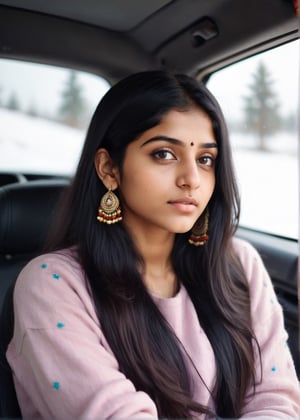 lovely cute young attractive indian teenage girl, 23 years old, cute, an Instagram model, long black_hair, colorful hair, winter, sitting in a car, Indian, 