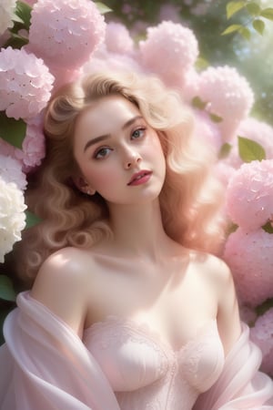 Surrealistic digital painting of a young woman with fair skin, curly fair hair, delicate facial features, enshrouded in a graceful, light pink fabric, slumbering among a plush hydrangea bed of pink and white blossoms, creating a dreamy, ethereal ambiance, palette consisting largely of pinks, whites, and lilacs, invoking a sense of serenity and tranquility, painterly strokes result in