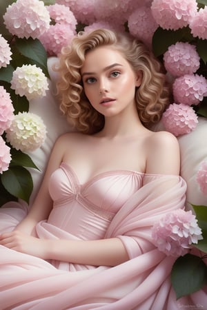 Surrealistic digital painting of a young woman with fair skin, curly fair hair, delicate facial features, enshrouded in a graceful, light pink fabric, slumbering among a plush hydrangea bed of pink and white blossoms, creating a dreamy, ethereal ambiance, palette consisting largely of pinks, whites, and lilacs, invoking a sense of serenity and tranquility, painterly strokes result in, eye contact