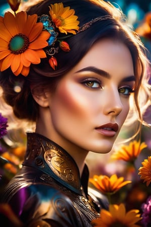 A mesmerizing and enigmatic close-up of woman, captures her ethereal form illuminated by a soft, glowing light. The background showcases a field of vibrant flowers, with petal vortices swirling in the wind, creating a mystical atmosphere. The artist's distinct style combines elements of deco steampunk and futuristic aesthetics, with mist and silhouettes adding depth to the scene. This captivating, wide long shot visual masterpiece is a stunning representation of Abstract Neorealism, blending perfect detail and moody tones to create an unforgettable work of art. eye contact, seductive look, high saturation