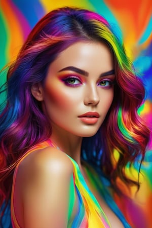 a looking digital beautiful female, digitally illustrated and made up of very bright colours and a brightly coloured translucent fil background, full body portrait, eye contact