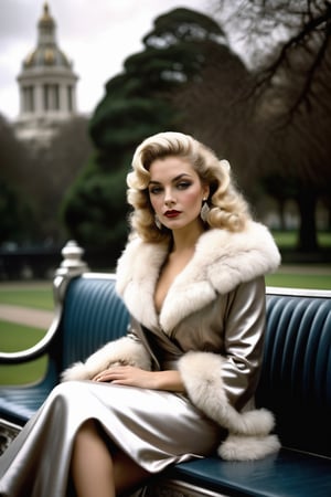 A captivating portrait of a woman seated on a bench in Hyde Park, London during the 1970s. She is dressed in a form-fitting dress, a fur stole, and heels, with platinum blonde curls framing her enigmatic face. The artists have combined their signature styles to create a masterpiece that captures the essence of the era and the subject's mesmerizing allure. The ominous clouds in the sky hint at a windy day, while dark fantasy elements give the scene an air of mystery. The harmonious blend of Hollywood glamour, urban atmosphere, and mystique creates an unforgettable work of art.