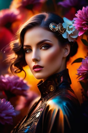 A mesmerizing and enigmatic close-up of woman, captures her ethereal form illuminated by a soft, glowing light. The background showcases a field of vibrant flowers, with petal vortices swirling in the wind, creating a mystical atmosphere. The artist's distinct style combines elements of deco steampunk and futuristic aesthetics, with mist and silhouettes adding depth to the scene. This captivating, wide long shot visual masterpiece is a stunning representation of Abstract Neorealism, blending perfect detail and moody tones to create an unforgettable work of art. eye contact, seductive look, high saturation