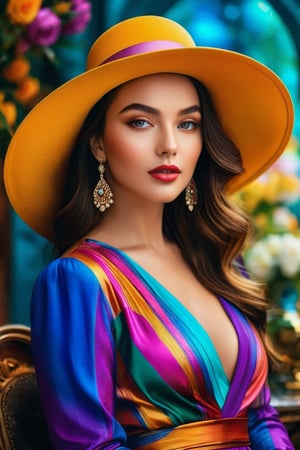 𝗙𝗮𝘀𝗵𝗶𝗼𝗻 ᴀʟʙᴜᴍ, In a world of colors, she wears an elegant hat, A wistful gaze, a touch of mystery, where dreams are at. Her beauty, a stroke of artistry, in every detail and line, A digital masterpiece, a fantasy so divine. Eye contact. Masterpiece. High saturation. Full body portrait. 