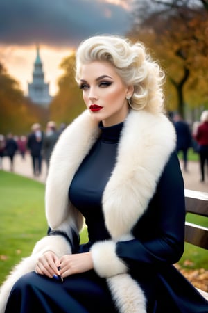 A captivating portrait of a woman seated on a bench in Hyde Park, London. She is dressed in a form-fitting dress, a fur stole, and heels, with platinum blonde curls framing her enigmatic face. The artists have combined their signature styles to create a masterpiece that captures the essence of the era and the subject's mesmerizing allure. The ominous clouds in the sky hint at a windy day, while dark fantasy elements give the scene an air of mystery. The harmonious blend of Hollywood glamour, urban atmosphere, and mystique creates an unforgettable work of art, high saturation, eye contact