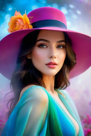 𝗙𝗮𝘀𝗵𝗶𝗼𝗻 ᴀʟʙᴜᴍ, In a world of colors, she wears an elegant hat, A wistful gaze, a touch of mystery, where dreams are at. Her beauty, a stroke of artistry, in every detail and line, A digital masterpiece, a fantasy so divine. Eye contact. Masterpiece. High saturation. Full body portrait, fog in the background