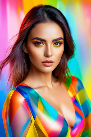 a looking digital beautiful female, digitally illustrated and made up of very bright colours and a brightly coloured translucent fil background, full body portrait, eye contact, masterpiece, ultra sharp, 8k, raw, professional photography