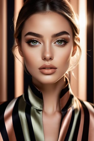 A captivating monochrome portrait featuring an enigmatic subject with striking pastel olive lips and mesmerizing eyes. The eyes contrastagainst the delicate skin, drawing the viewer in. The intricacies of the subject's nose and full lips are accentuated. The sophisticated minimalistic light peach striped background allows the viewer to focus on the subject's face. The overall atmosphere is elegant and mysterious, evoking a sense of intrigue and anticipation, as if the subject holds secrets waiting to be uncovered through their captivating gaze., illustration, photo, cinematic