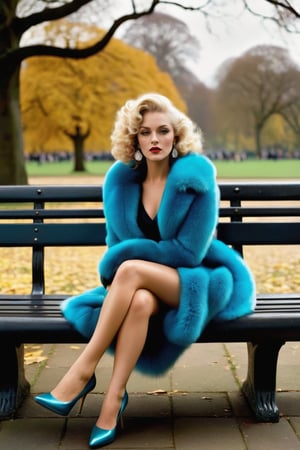 A captivating portrait of a woman seated on a bench in Hyde Park, London during the 1970s. She is dressed in a form-fitting dress, a fur stole, and heels, with platinum blonde curls framing her enigmatic face. The artists have combined their signature styles to create a masterpiece that captures the essence of the era and the subject's mesmerizing allure. The ominous clouds in the sky hint at a windy day, while dark fantasy elements give the scene an air of mystery. The harmonious blend of Hollywood glamour, urban atmosphere, and mystique creates an unforgettable work of art, high saturation, eye contact