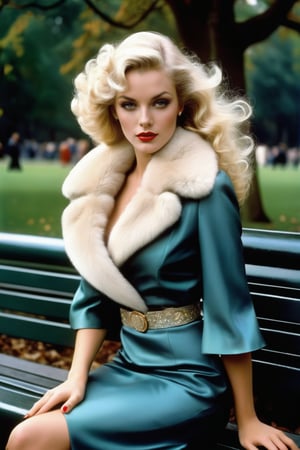 A captivating portrait of a woman seated on a bench in Hyde Park, London during the 1970s. She is dressed in a form-fitting dress, a fur stole, and heels, with platinum blonde curls framing her enigmatic face. The artists have combined their signature styles to create a masterpiece that captures the essence of the era and the subject's mesmerizing allure. The ominous clouds in the sky hint at a windy day, while dark fantasy elements give the scene an air of mystery. The harmonious blend of Hollywood glamour, urban atmosphere, and mystique creates an unforgettable work of art, high saturation, eye contact