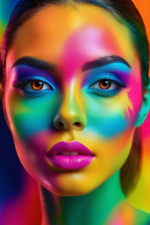 a looking digital beautiful female, digitally illustrated and made up of very bright colours and a brightly coloured translucent fil background, full body portrait, eye contact, masterpiece, ultra sharp, 8k, raw, professional photography