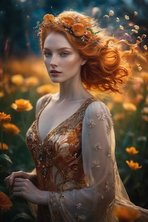 A mesmerizing and enigmatic of ginger woman, captures her ethereal form illuminated by a soft, glowing light. The background showcases a field of vibrant flowers, with petal vortices swirling in the wind, creating a mystical atmosphere. The artist's distinct style combines elements of deco steampunk and futuristic aesthetics, with mist and silhouettes adding depth to the scene. This captivating, wide long shot visual masterpiece is a stunning representation of Abstract Neorealism, blending perfect detail and moody tones to create an unforgettable work of art. Eye contact.