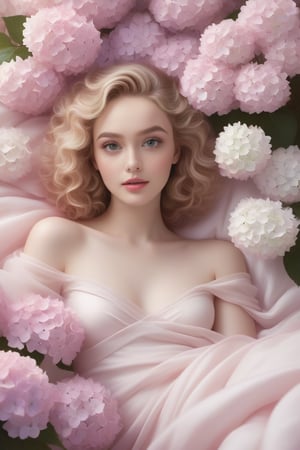 Surrealistic digital painting of a young woman with fair skin, curly fair hair, delicate facial features, enshrouded in a graceful, light pink fabric, slumbering among a plush hydrangea bed of pink and white blossoms, creating a dreamy, ethereal ambiance, palette consisting largely of pinks, whites, and lilacs, invoking a sense of serenity and tranquility, painterly strokes result in, eye contact