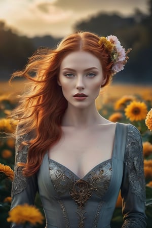 A mesmerizing and enigmatic of ginger woman, captures her ethereal form illuminated by a soft, glowing light. The background showcases a field of vibrant flowers, with petal vortices swirling in the wind, creating a mystical atmosphere. The distinct style combines elements of deco steampunk and futuristic aesthetics, with mist and silhouettes adding depth to the scene. This captivating, wide long shot visual masterpiece is a stunning representation of Abstract Neorealism, blending perfect detail and moody tones to create an unforgettable work of art. Eye contact.