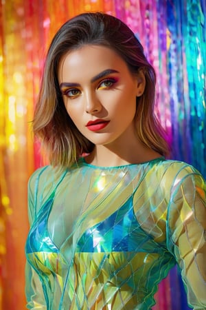 a looking digital beautiful female, digitally illustrated and made up of very bright colours and a brightly coloured translucent fil background, full body portrait, eye contact, masterpiece, ultra sharp, 8k, raw, professional photography