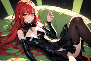 red hair, long hair, green eyes, medium chest, 1 woman. black dress, Club Pantimedias, Mesera.,1 girl,green theme