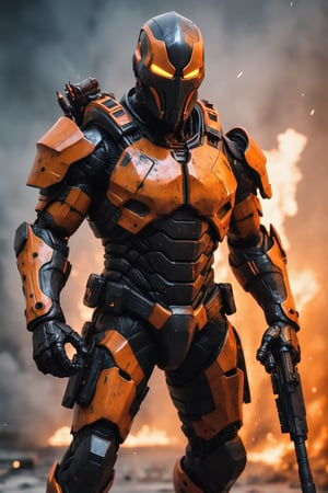 A hyper-realistic and detailed Deathstroke suit rendered in the style of the "Alien vs. Predator" movie. The suit is made of a heavily armored, orange and black material with tactical elements and glowing orange accents. The mask is sleek and aerodynamic, and the suit is equipped with various weapons and gadgets. Deathstroke is standing in a war zone, surrounded by explosions and gunfire. He is wielding his swords, ready to slice and dice his enemies. Use particle effects and explosions to create a sense of action.

