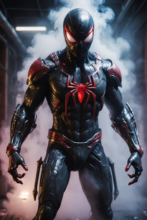 A hyper-realistic and detailed Spider-Man suit rendered in the style of the "Alien vs. Predator" movie. The suit is made of a sleek, black, and metallic material with biomechanical elements and glowing red accents. The eyes are large and expressive, and the web shooters are integrated into the wrists. Spider-Man is standing in a dark and gritty alleyway, surrounded by smoke and neon lights. He is crouched in a ready position, ready to spring into action. Add subtle motion blur to create a sense of dynamism. Include atmospheric effects like smoke, dust, and rain.

