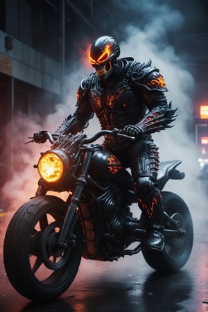 A hyper-realistic and detailed Ghost Rider suit rendered in the style of the "Alien vs. Predator" movie. The suit is made of a heavily armored, black and chrome material with flames and glowing red accents. The skull is demonic and menacing, and the motorcycle is made of a sleek, black material with flames coming out of the exhaust. Ghost Rider is riding his motorcycle through a dark and gritty city, surrounded by smoke and neon lights. He is leaving a trail of fire in his wake, ready to unleash his penance stare. Add motion blur and lens flares to create a sense of speed.

