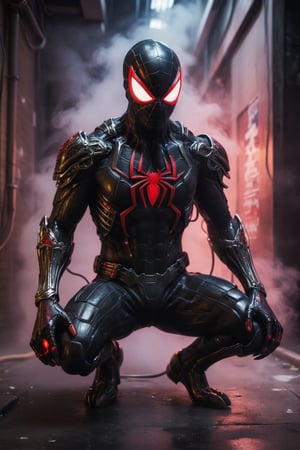 A hyper-realistic and detailed Spider-Man suit rendered in the style of the "Alien vs. Predator" movie. The suit is made of a sleek, black, and metallic material with biomechanical elements and glowing red accents. The eyes are large and expressive, and the web shooters are integrated into the wrists. Spider-Man is standing in a dark and gritty alleyway, surrounded by smoke and neon lights. He is crouched in a ready position, ready to spring into action.

