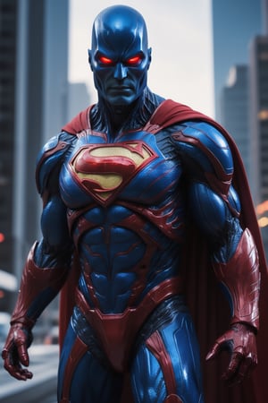 A hyper-realistic and detailed Superman suit rendered in the style of the "Alien vs. Predator" movie. The suit is made of a classic blue and red material with Kryptonian symbols and glowing red accents. The cape is flowing and majestic, and the boots are sleek and aerodynamic. Superman is flying through the air, over a vast cityscape. He is holding his hands in front of him, ready to use his heat vision. Use physically-based rendering to create realistic lighting and materials.

