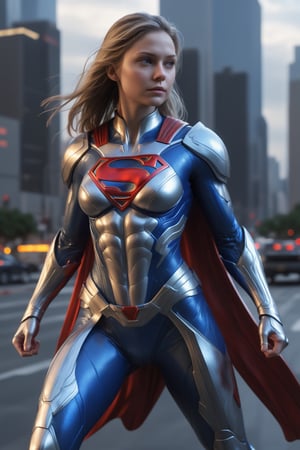 A hyper-realistic and detailed Supergirl suit rendered in the style of the "Alien vs. Predator" movie. The suit is made of a sleek, silver, and blue material with Kryptonian symbols and glowing red accents. The cape is flowing and majestic, and the boots are sleek and aerodynamic. Supergirl is flying through the air, over a vast cityscape. She is holding her hands in front of her, ready to use her heat vision. Use physically-based rendering to create realistic lighting and materials.

