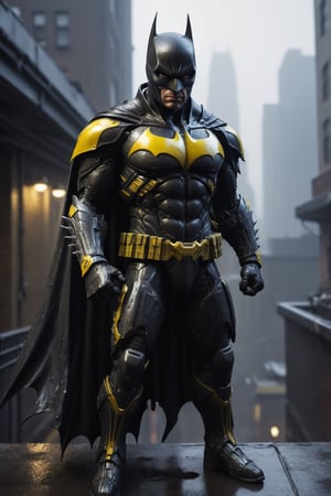 A hyper-realistic and detailed Batman suit rendered in the style of the "Alien vs. Predator" movie. The suit is made of a heavily armored, black, and metallic material with bat-like features and glowing yellow accents. The cowl is sleek and aerodynamic, and the cape is made of a flowing, black material. Batman is standing on a rooftop, overlooking a rain-soaked city. He is holding a grappling gun in one hand and a batarang in the other. Use volumetric lighting and fog to create a sense of atmosphere.