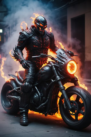 A hyper-realistic and detailed Ghost Rider suit rendered in the style of the "Alien vs. Predator" movie. The suit is made of a heavily armored, black and chrome material with flames and glowing red accents. The skull is demonic and menacing, and the motorcycle is made of a sleek, black material with flames coming out of the exhaust. Ghost Rider is riding his motorcycle through a dark and gritty city, surrounded by smoke and neon lights. He is leaving a trail of fire in his wake, ready to unleash his penance stare. Add motion blur and lens flares to create a sense of speed.

