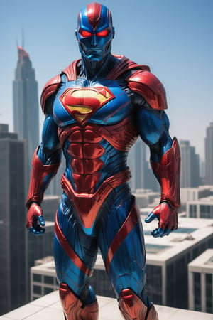 A futuristic Superman suit in the style of the movie "Alien vs. Predator". The suit is made of a氪星合金, and it has a classic Superman design with a red and blue color scheme. Superman is flying over a futuristic city, saving people from a burning building. The background is bright and hopeful, with a clear blue sky and shining sun.

