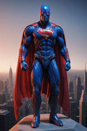 A hyper-realistic and detailed Superman suit rendered in the style of the "Alien vs. Predator" movie. The suit is made of a classic blue and red material with Kryptonian symbols and glowing red accents. The cape is flowing and majestic, and the boots are sleek and aerodynamic. Superman is flying through the air, over a vast cityscape. He is holding his hands in front of him, ready to use his heat vision. Use physically-based rendering to create realistic lighting and materials.

