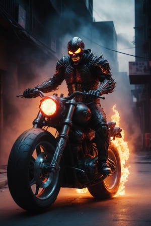 A hyper-realistic and detailed Ghost Rider suit rendered in the style of the "Alien vs. Predator" movie. The suit is made of a heavily armored, black and chrome material with flames and glowing red accents. The skull is demonic and menacing, and the motorcycle is made of a sleek, black material with flames coming out of the exhaust. Ghost Rider is riding his motorcycle through a dark and gritty city, surrounded by smoke and neon lights. He is leaving a trail of fire in his wake, ready to unleash his penance stare. Use photorealistic lighting and shadows.

